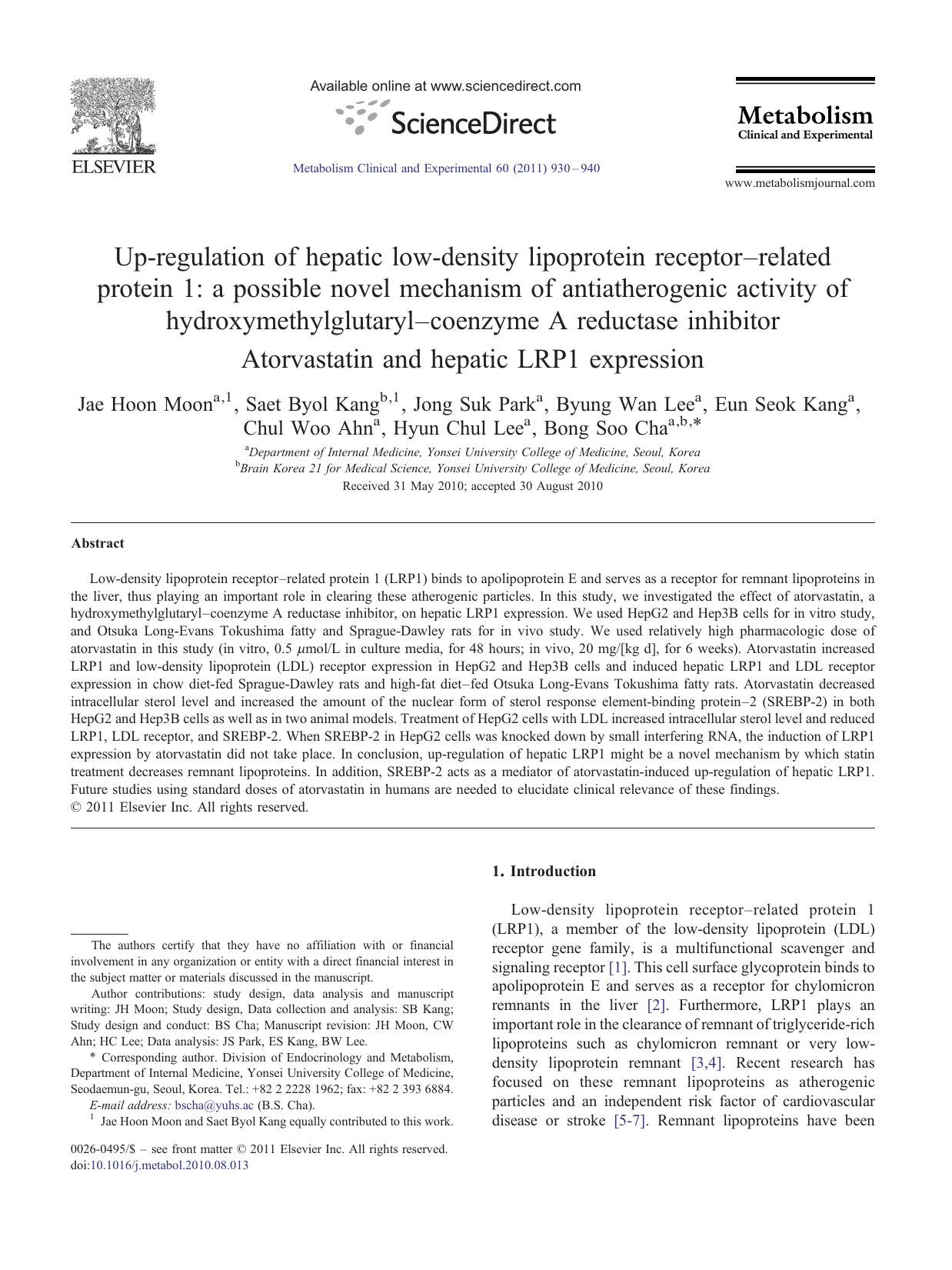 Up-regulation of hepatic low-density lipoprotein receptorârelated protein 1: a possible novel mechanism of antiatherogenic activity of hydroxymethylglutarylâcoenzyme A reductase inhibitor by Jae Hoon Moon