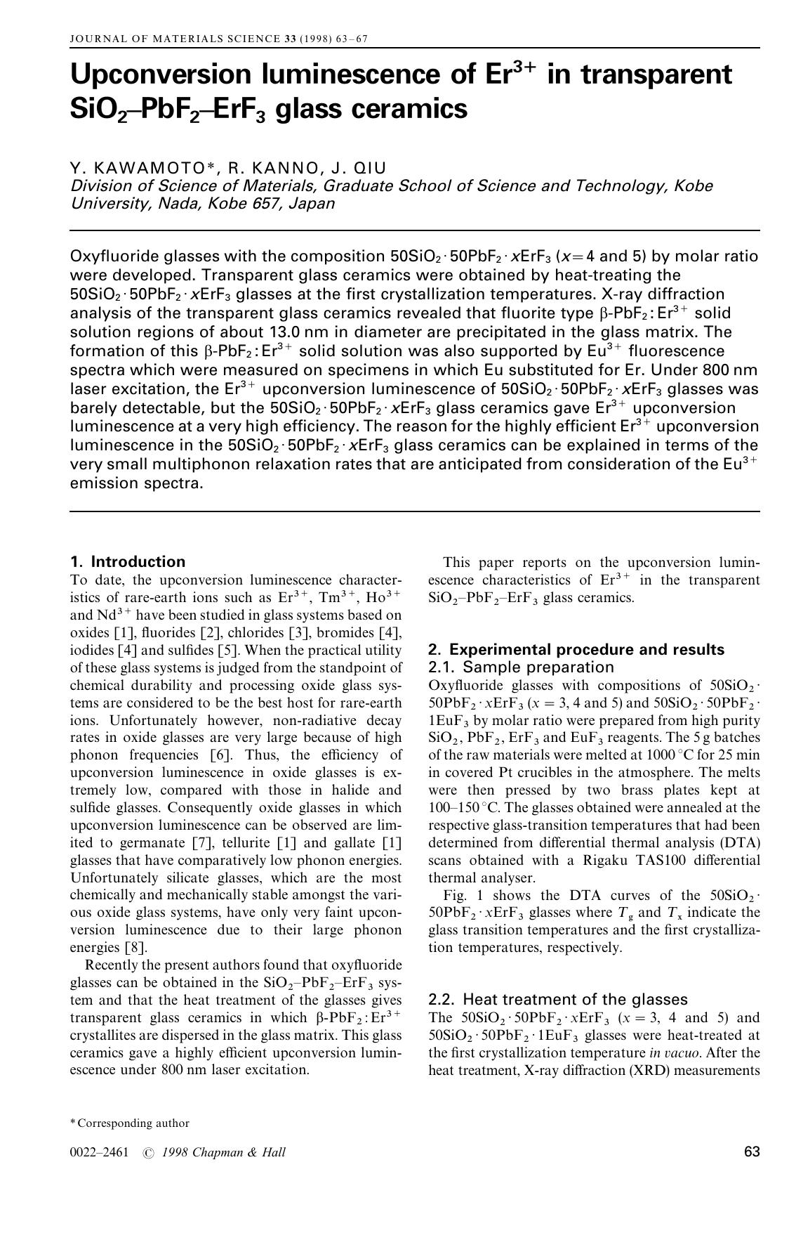 Upconversion luminescence of Er3+ in transparent SiO2—PbF2—ErF3 glass ceramics by Unknown