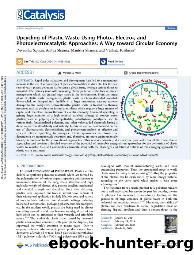 Upcycling of Plastic Waste Using Photo-, Electro-, and Photoelectrocatalytic Approaches: A Way toward Circular Economy by Devanshu Sajwan Anitya Sharma Manisha Sharma & Venkata Krishnan