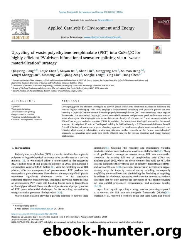 Upcycling of waste polyethylene terephthalate (PET) into CoFe@C for highly efficient PV-driven bifunctional seawater splitting via a âwaste materializationâ strategy by unknow