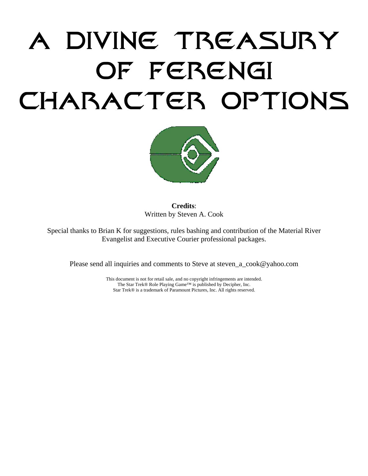 Update to Ferengi Species Description by Steven Cook