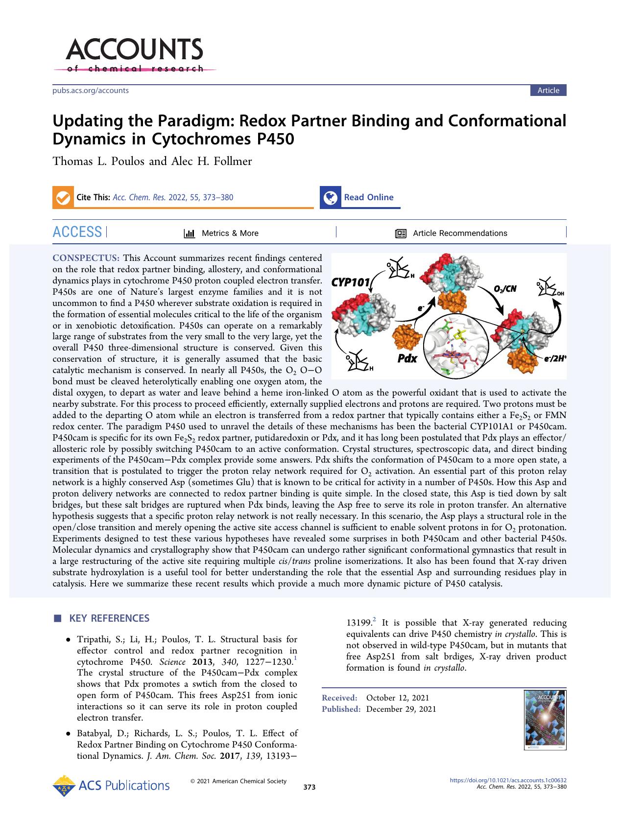 Updating the Paradigm: Redox Partner Binding and Conformational Dynamics in Cytochromes P450 by Thomas L. Poulos and Alec H. Follmer