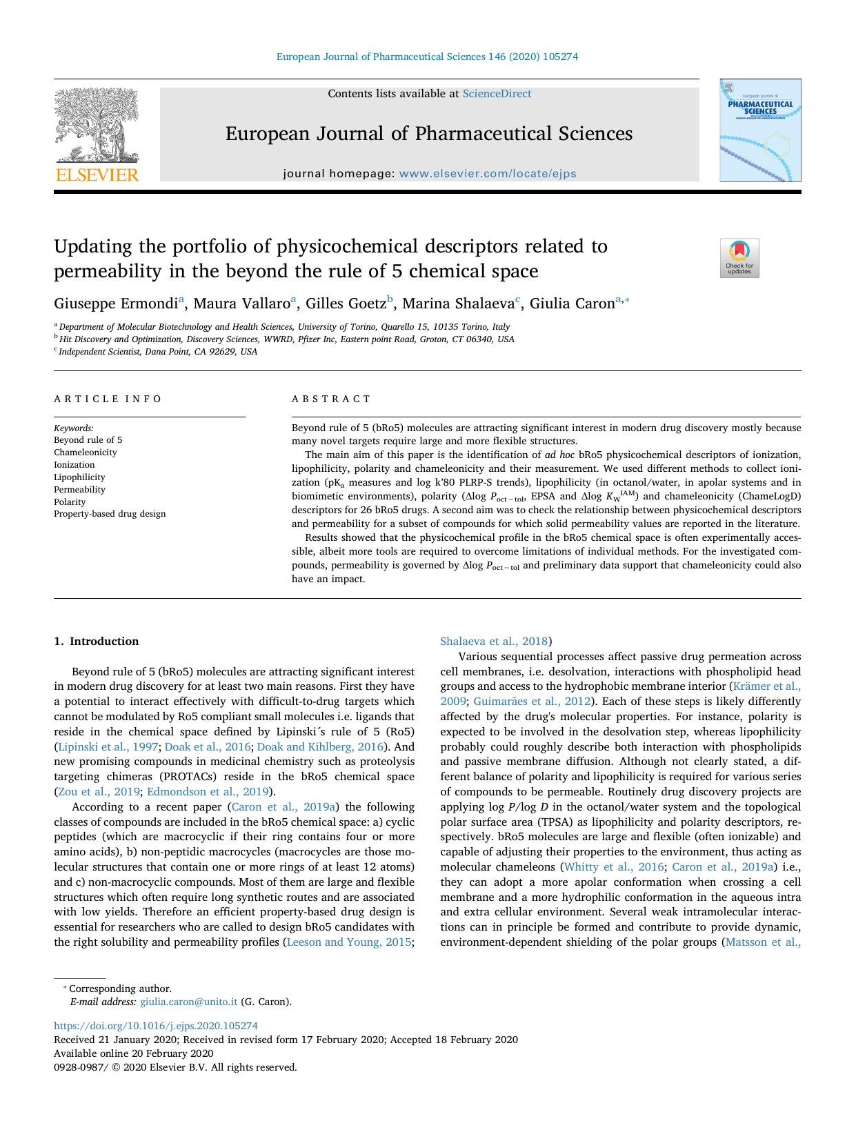 Updating the portfolio of physicochemical descriptors related to permeability in the beyond the rule of 5 chemical space by Giuseppe Ermondi & Maura Vallaro & Gilles Goetz & Marina Shalaeva & Giulia Caron