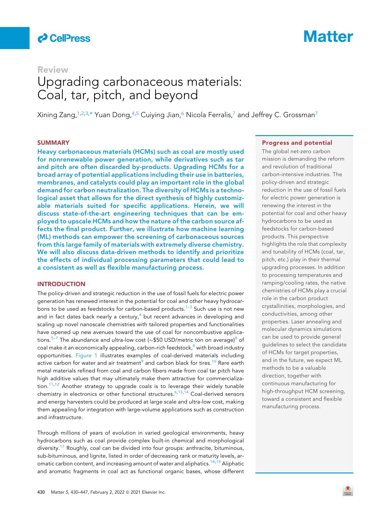 Upgrading carbonaceous materials: Coal, tar, pitch, and beyond by Xining Zang & Yuan Dong & Cuiying Jian & Nicola Ferralis & Jeffrey C. Grossman