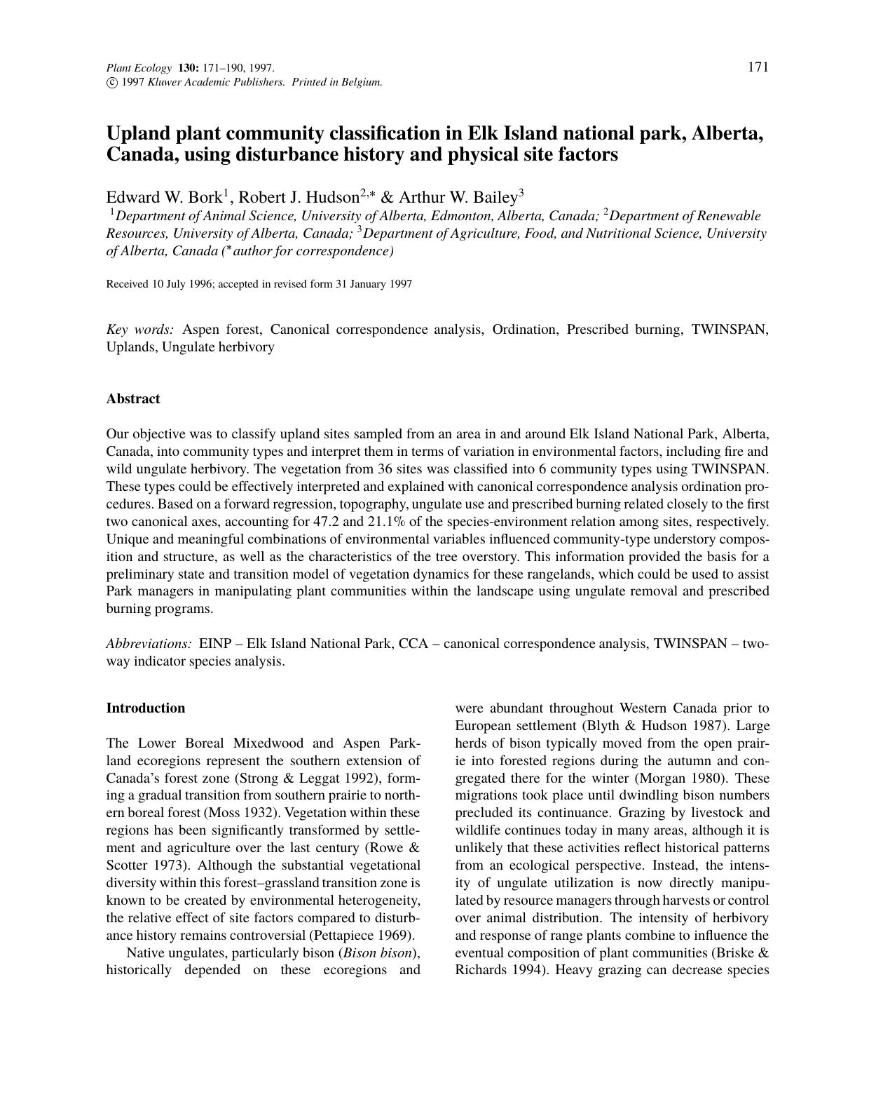 Upland plant community classification in Elk Island national park, Alberta, Canada, using disturbance history and physical site factors by Unknown