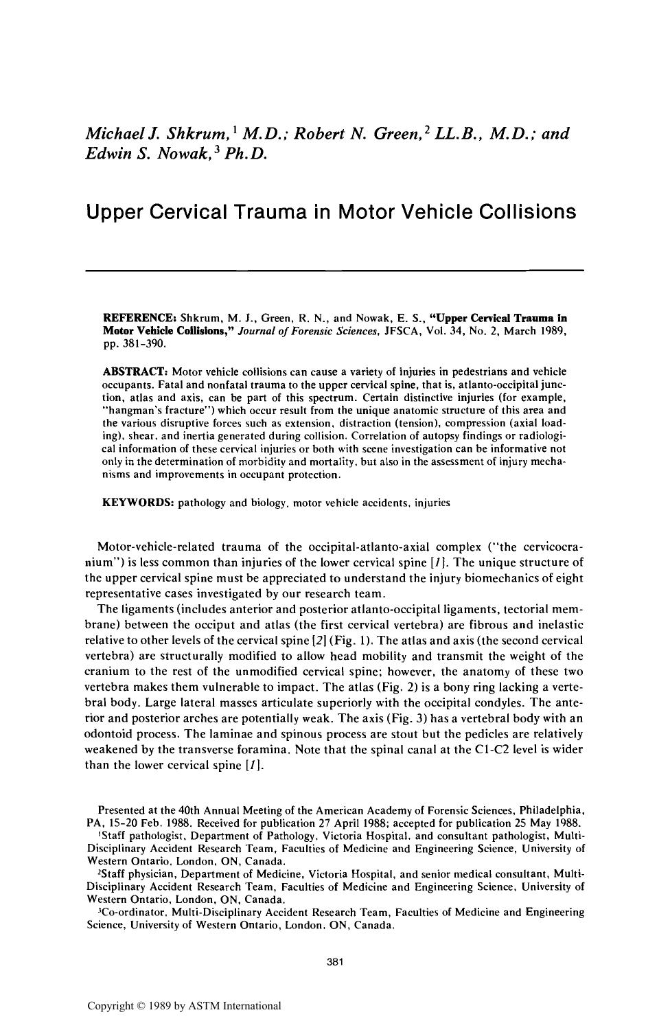 Upper Cervical Trauma in Motor Vehicle Collisions by Shkrum MJ Green RN Nowak ES