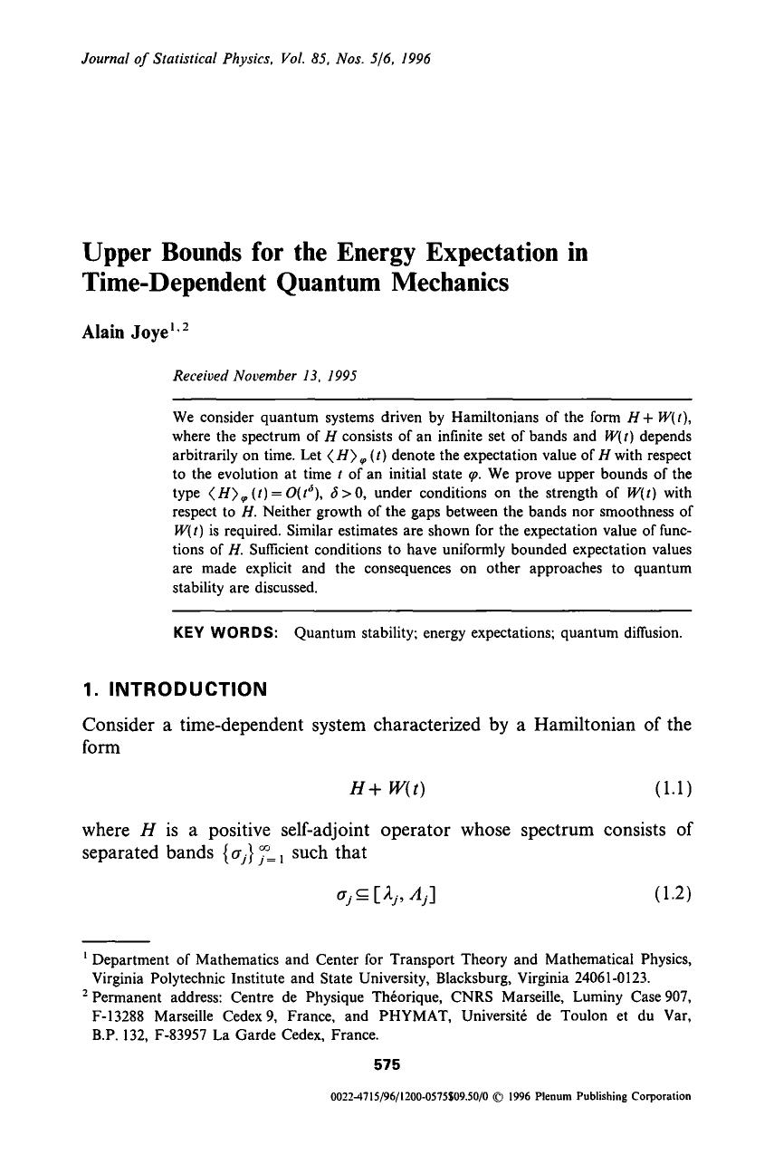 Upper bounds for the energy expectation in time-dependent quantum mechanics by Unknown