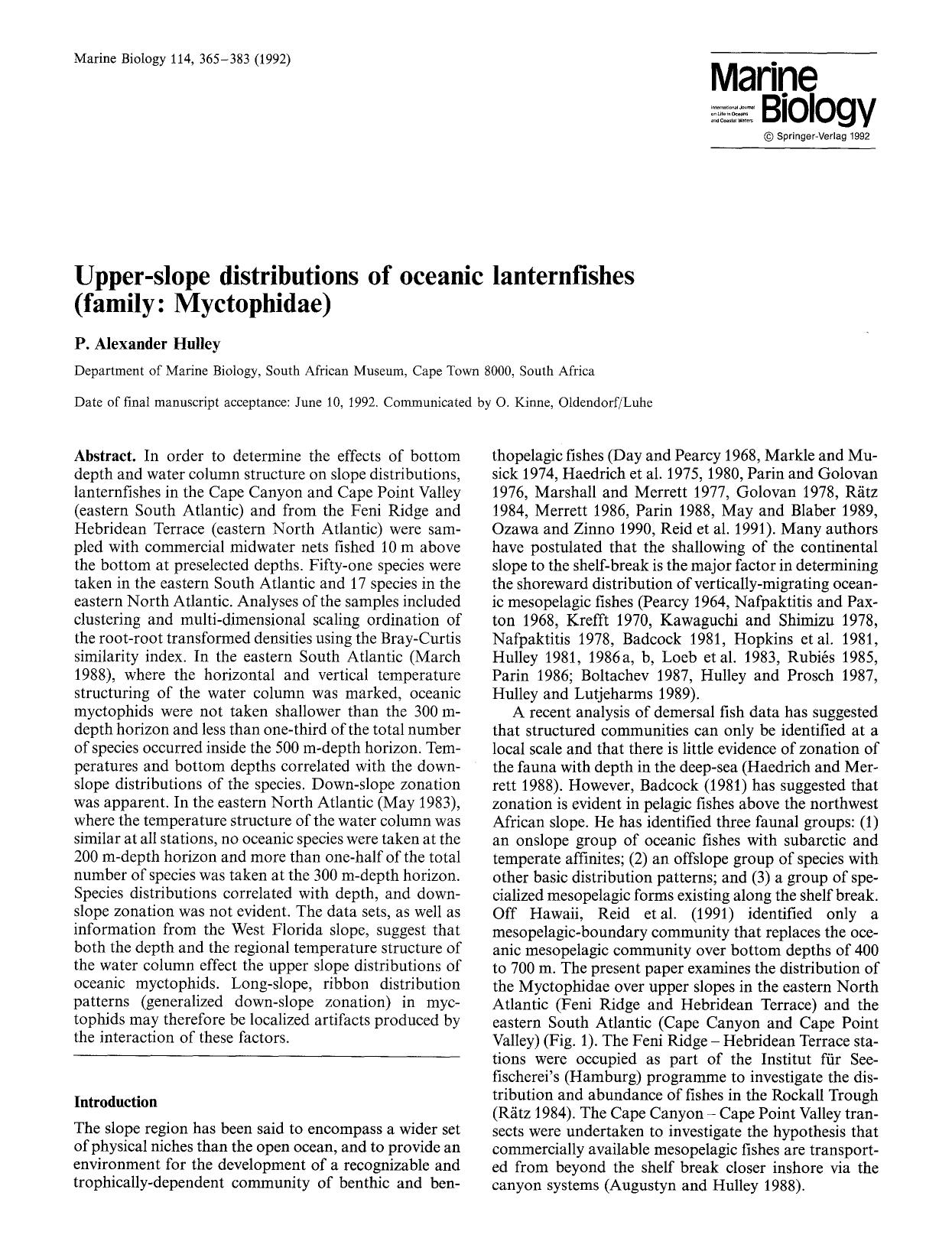 Upper-slope distributions of oceanic lanternfishes (family: Myctophidae) by Unknown