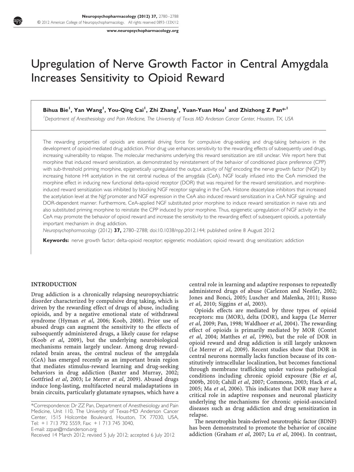 Upregulation of Nerve Growth Factor in Central Amygdala Increases Sensitivity to Opioid Reward by Bihua Bie & Yan Wang & You-Qing Cai & Zhi Zhang & Yuan-Yuan Hou & Zhizhong Z Pan &