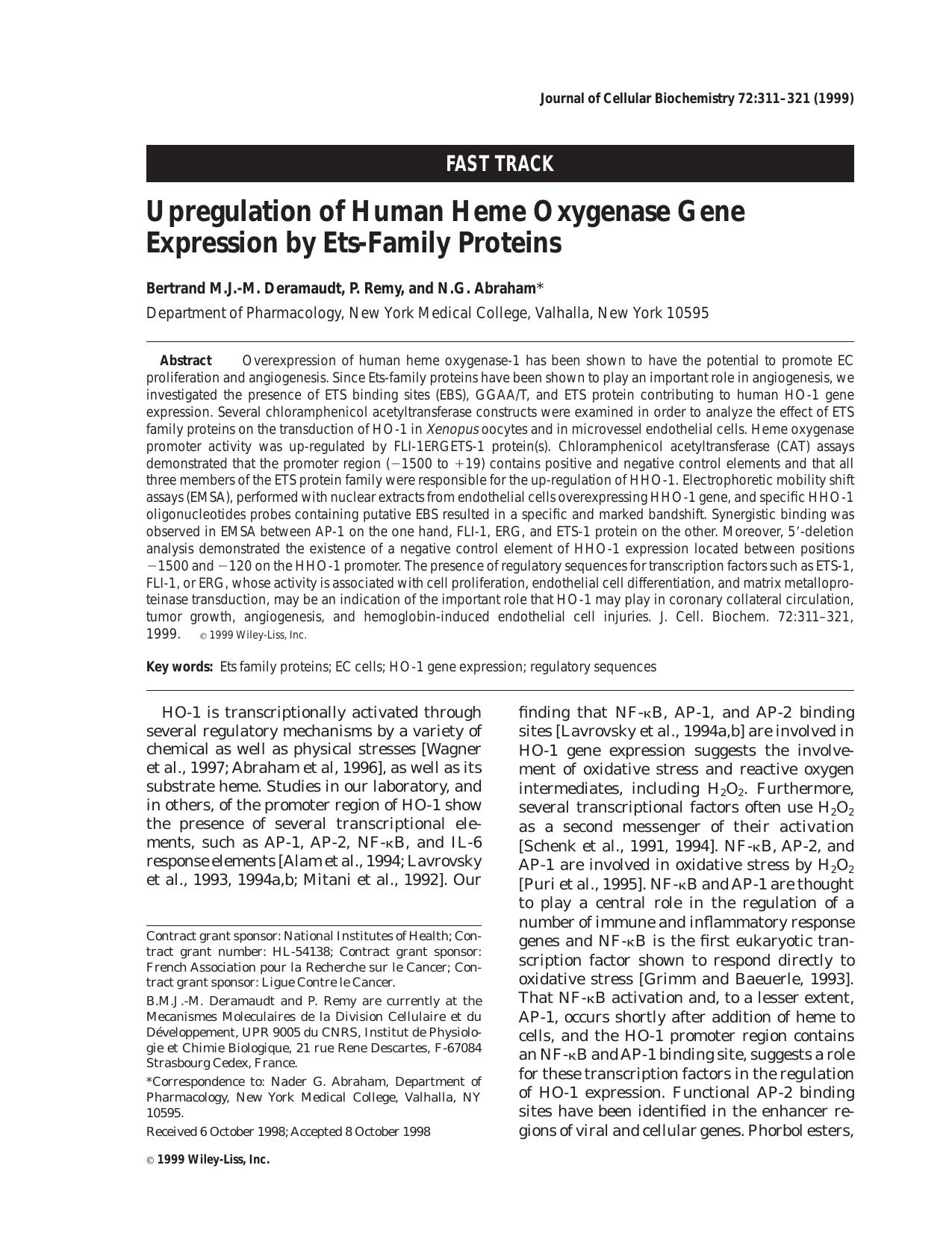 Upregulation of human heme oxygenase gene expression by Ets-family proteins by Unknown