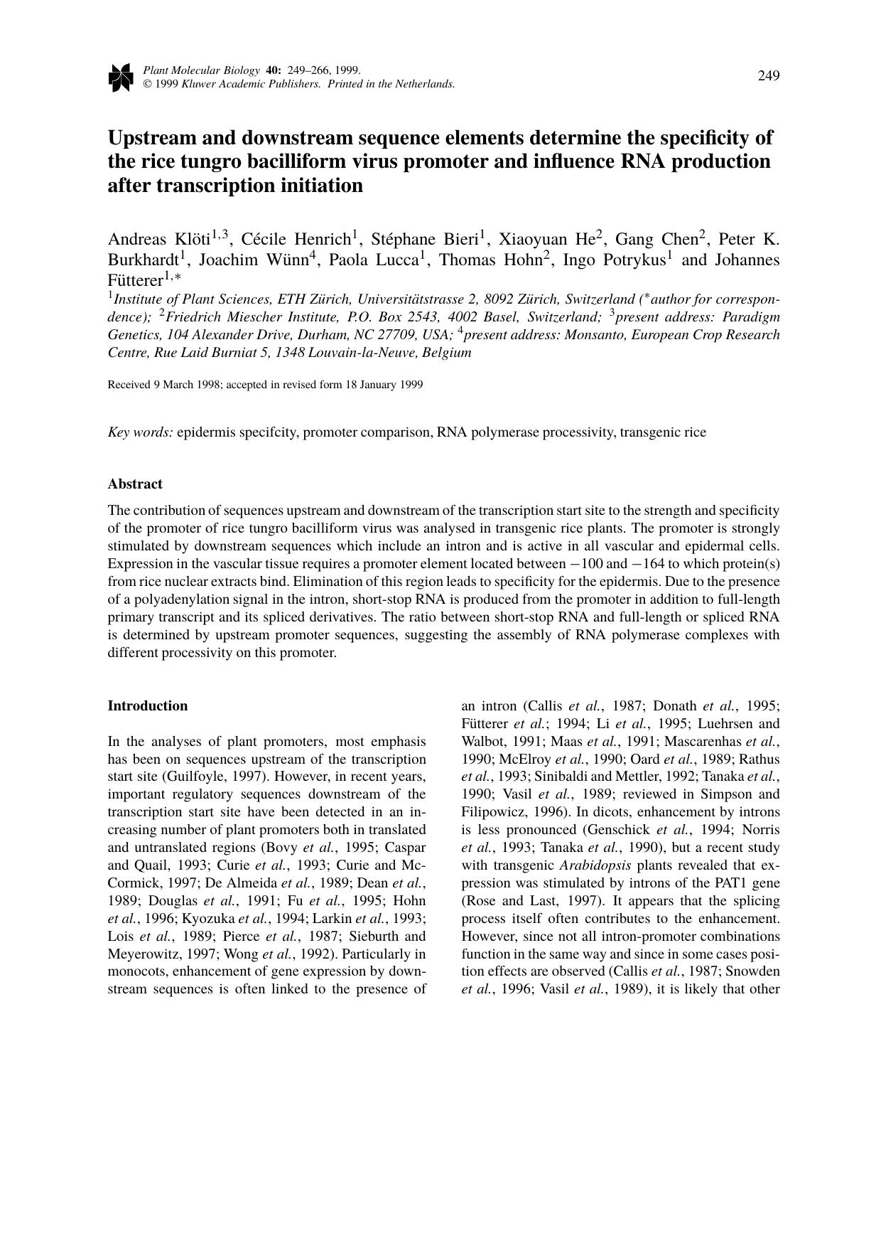 Upstream and downstream sequence elements determine the specificity of the rice tungro bacilliform virus promoter and influence RNA production after transcription initiation by Unknown