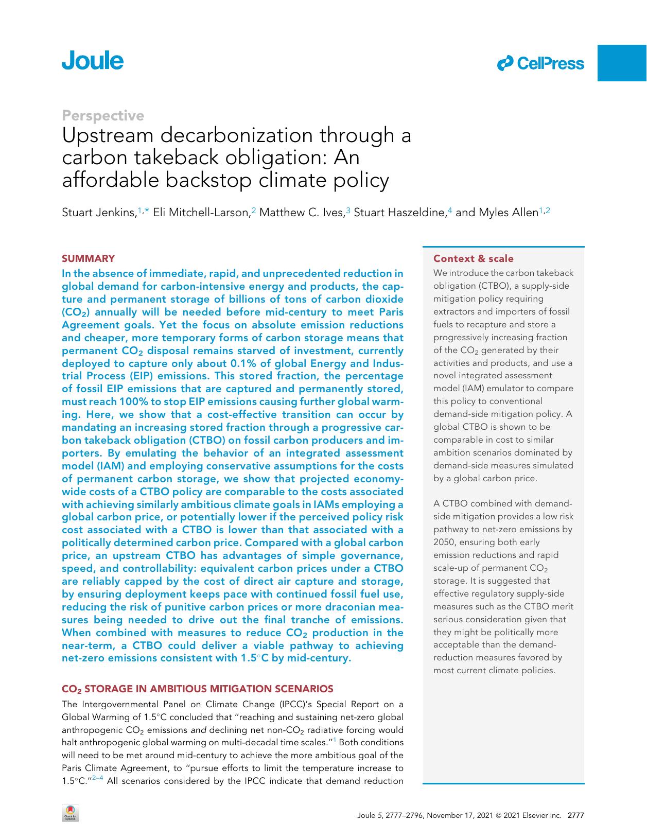 Upstream decarbonization through a carbon takeback obligation: An affordable backstop climate policy by Stuart Jenkins & Eli Mitchell-Larson & Matthew C. Ives & Stuart Haszeldine & Myles Allen