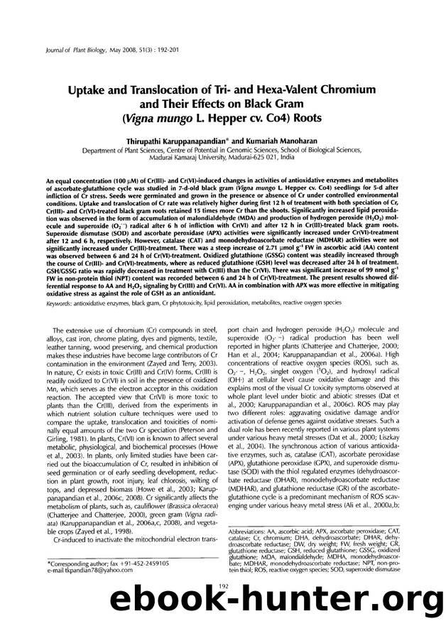 Uptake and Translocation of Tri- and Hexa-Valent Chromium and Their Effects on Black Gram (Vigna mungo L. Hepper cv. Co4) Roots by Unknown