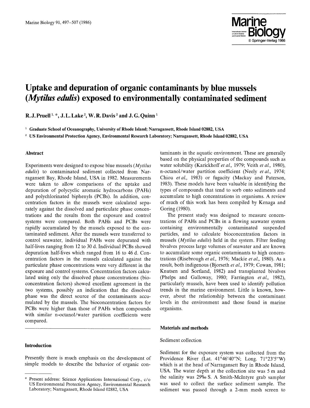 Uptake and depuration of organic contaminants by blue mussels (<Emphasis Type="Italic">Mytilus edulis<Emphasis>) exposed to environmentally contaminated sediment by Unknown