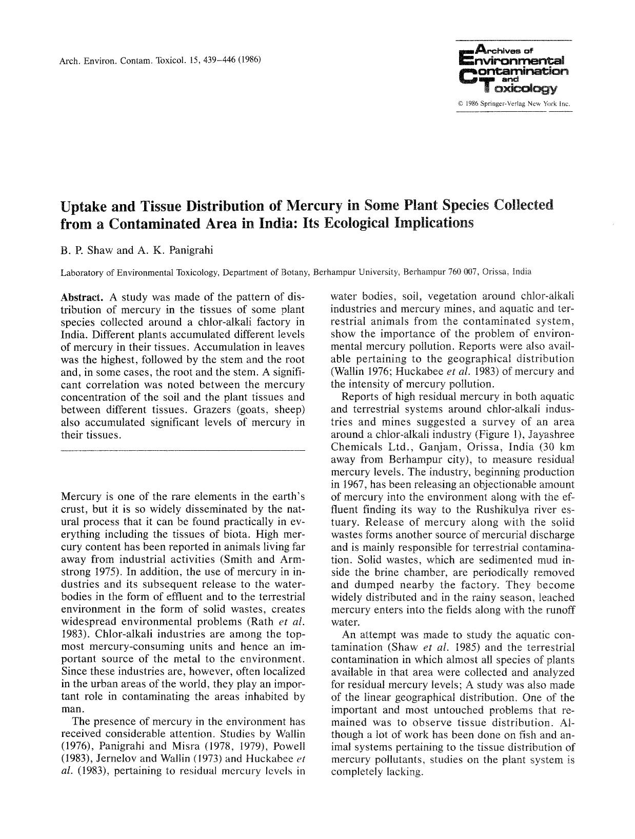 Uptake and tissue distribution of mercury in some plant species collected from a contaminated area in India: Its ecological implications by Unknown