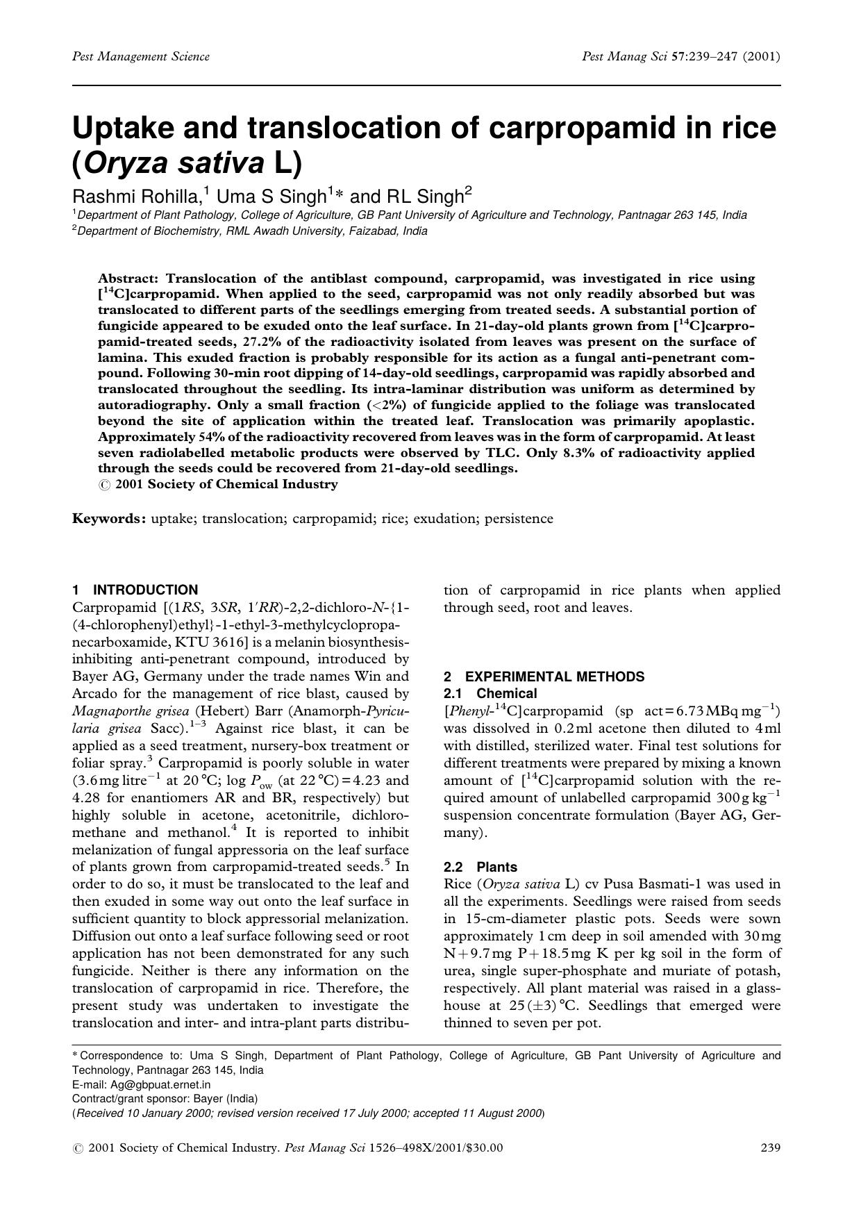 Uptake and translocation of carpropamid in rice (Oryza sativa L) by Unknown