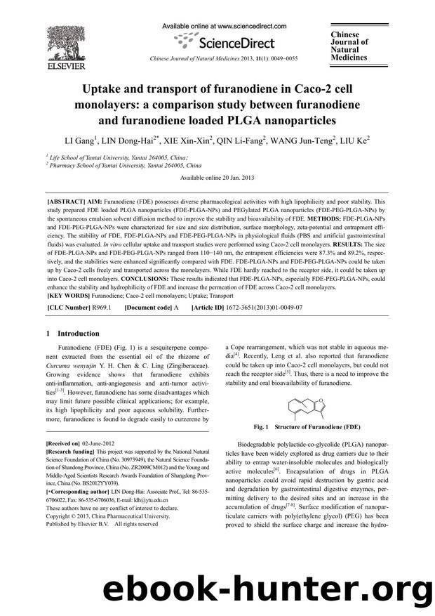 Uptake and transport of furanodiene in Caco-2 cell monolayers: a comparison study between furanodiene and furanodiene loaded PLGA nanoparticles by Gang LI & Dong-Hai LIN & Xin-Xin XIE & Li-Fang QIN & Jun-Teng WANG & Ke LIU