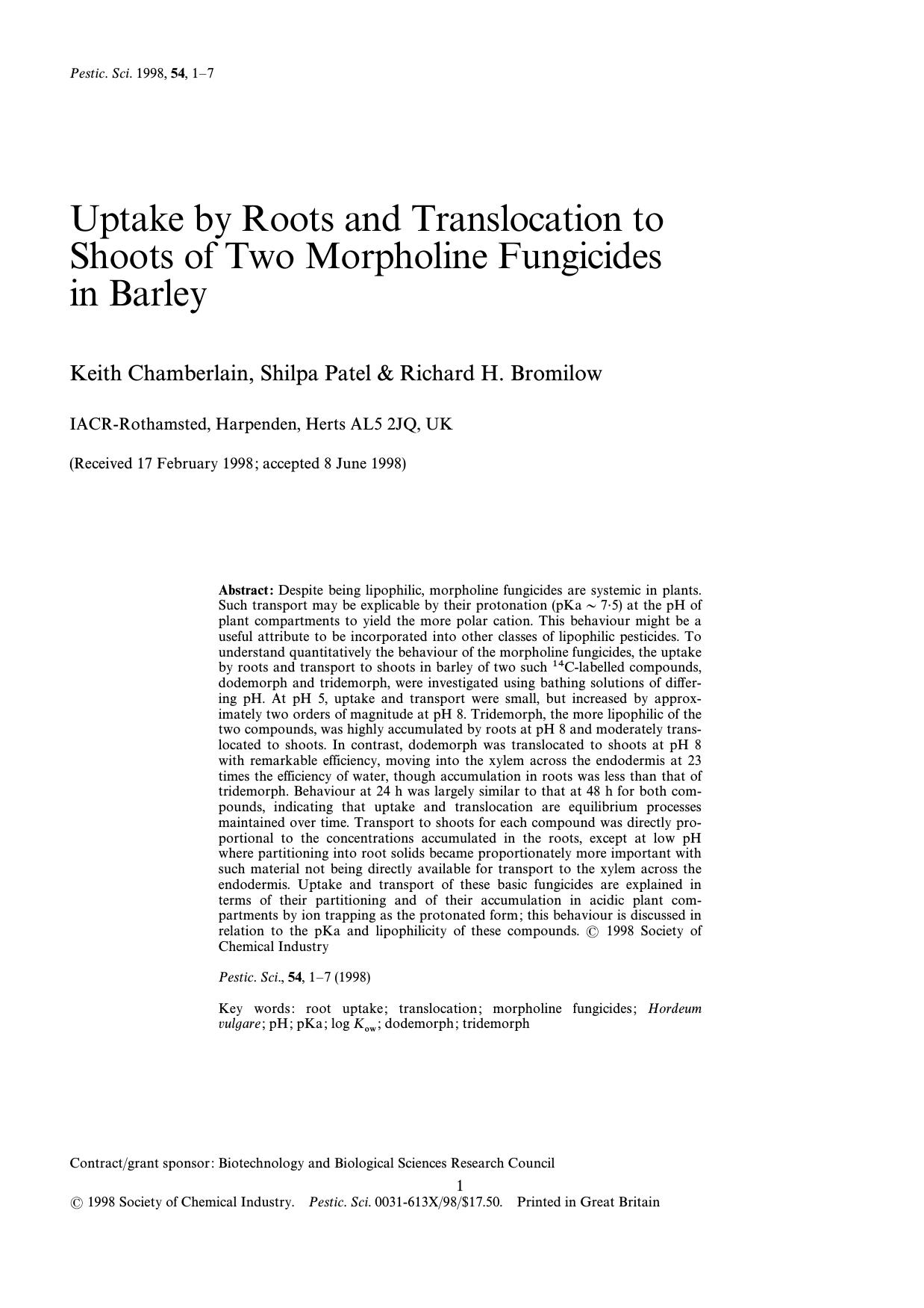 Uptake by roots and translocation to shoots of two morpholine fungicides in barley by Chamberlain Patel Bromilow