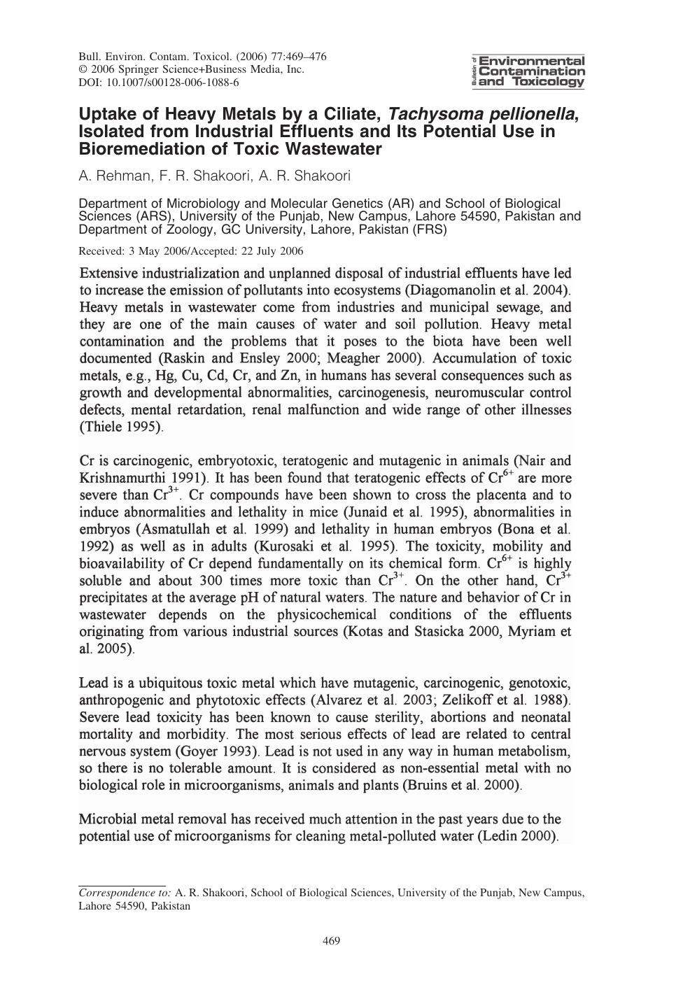 Uptake of Heavy Metals by a Ciliate, Tachysoma pellionella, Isolated from Industrial Effluents and Its Potential Use in Bioremediation of Toxic Wastewater by Rehman & A. & et al