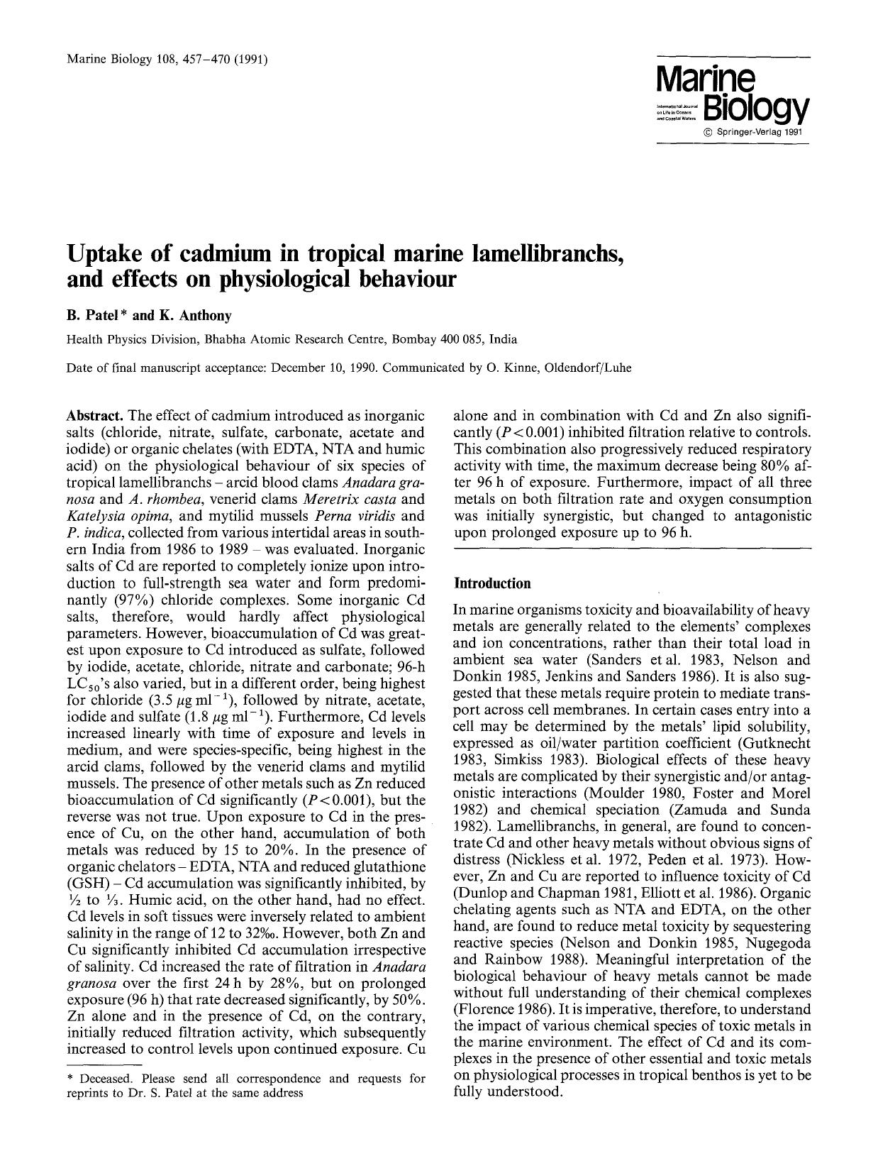 Uptake of cadmium in tropical marine lamellibranchs, and effects on physiological behaviour by Unknown