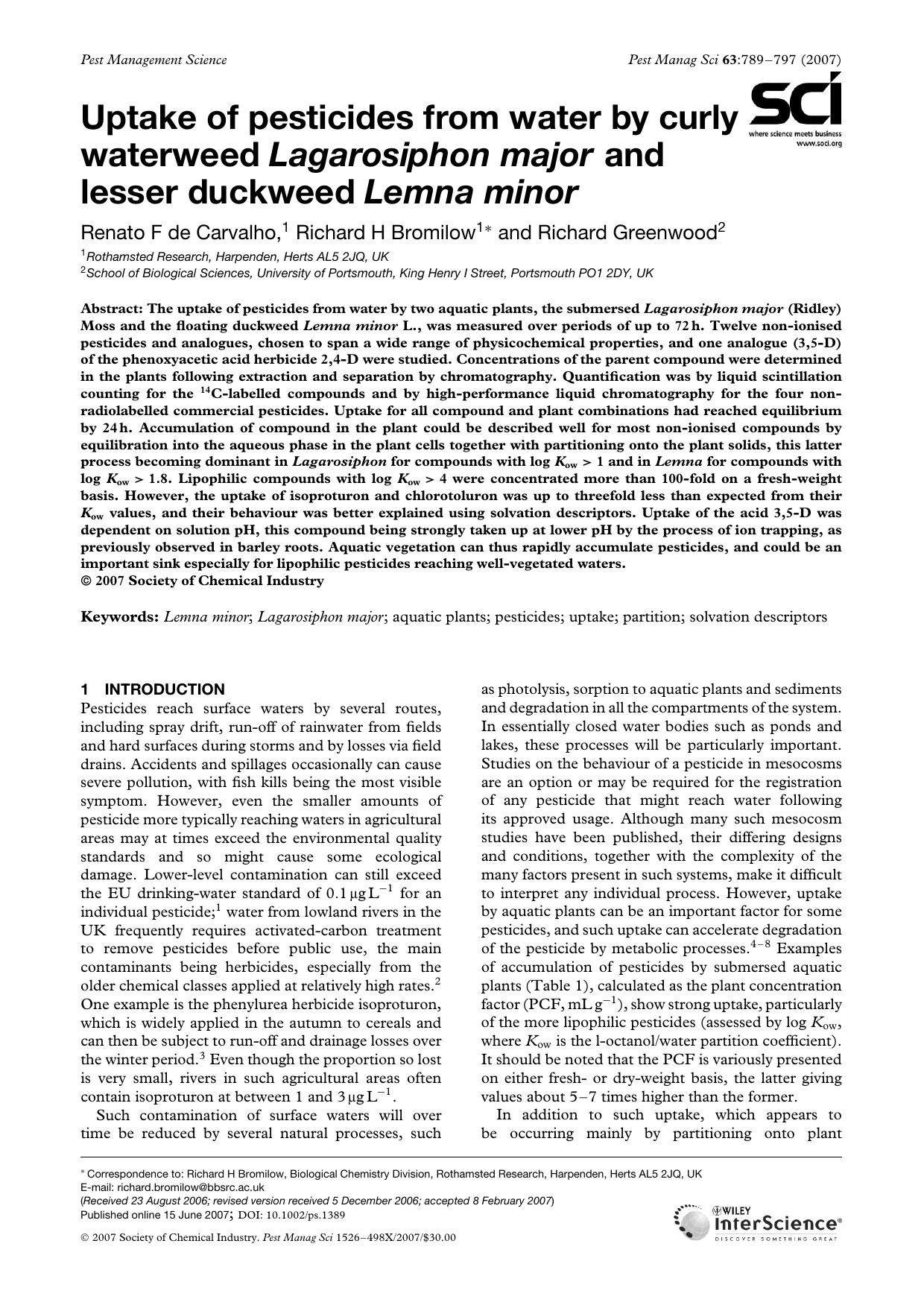 Uptake of pesticides from water by curly waterweed Lagarosiphon major and lesser duckweed Lemna minor by Unknown
