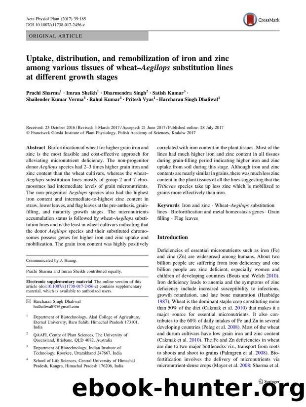 Uptake, distribution, and remobilization of iron and zinc among various tissues of wheatâAegilops substitution lines at different growth stages by unknow
