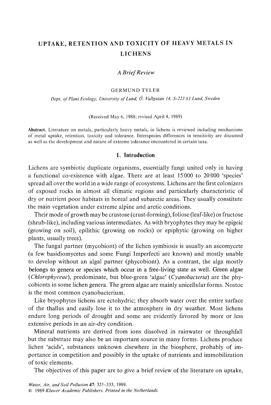 Uptake, retention and toxicity of heavy metals in L ichens by Unknown