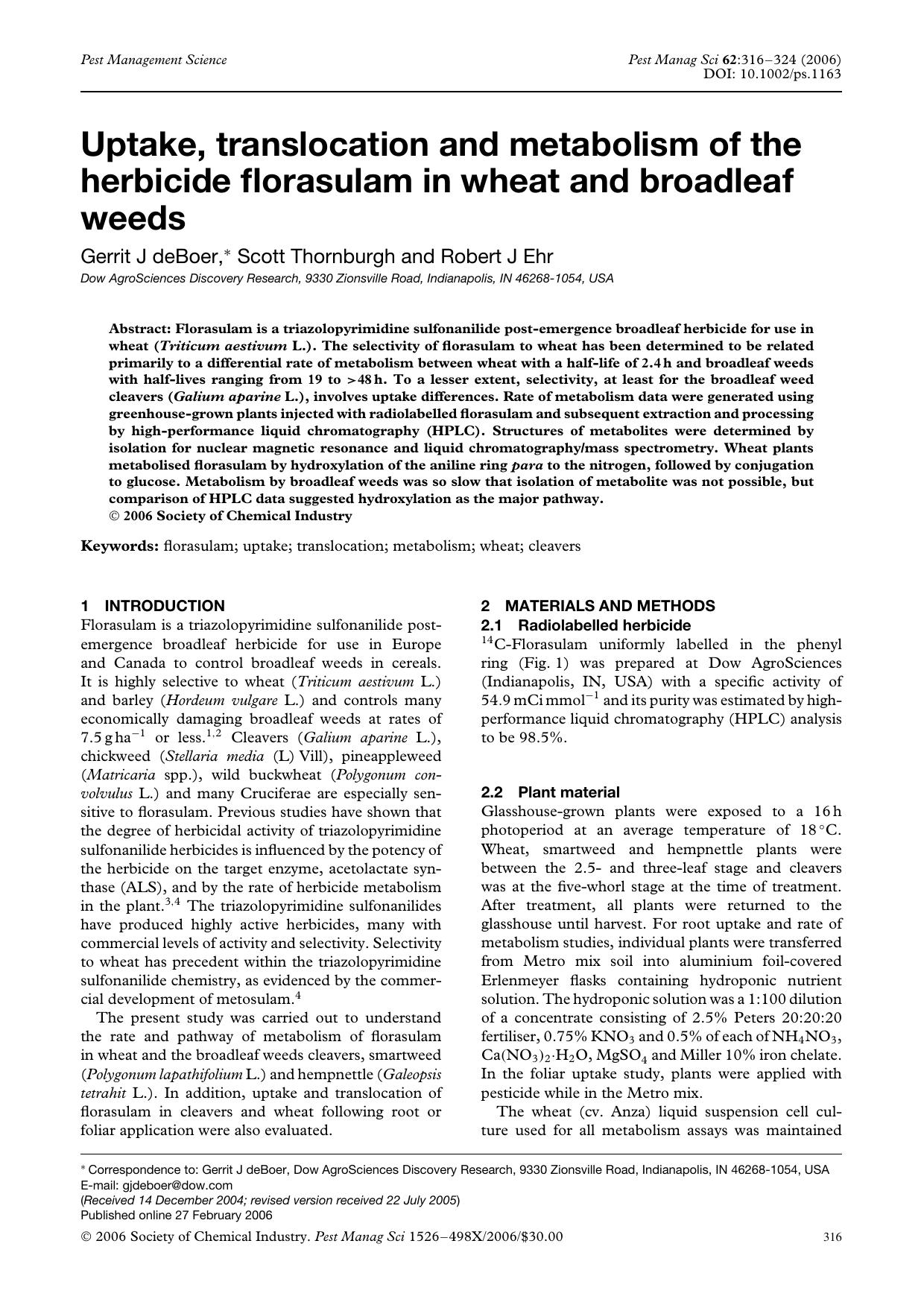 Uptake, translocation and metabolism of the herbicide florasulam in wheat and broadleaf weeds by Unknown