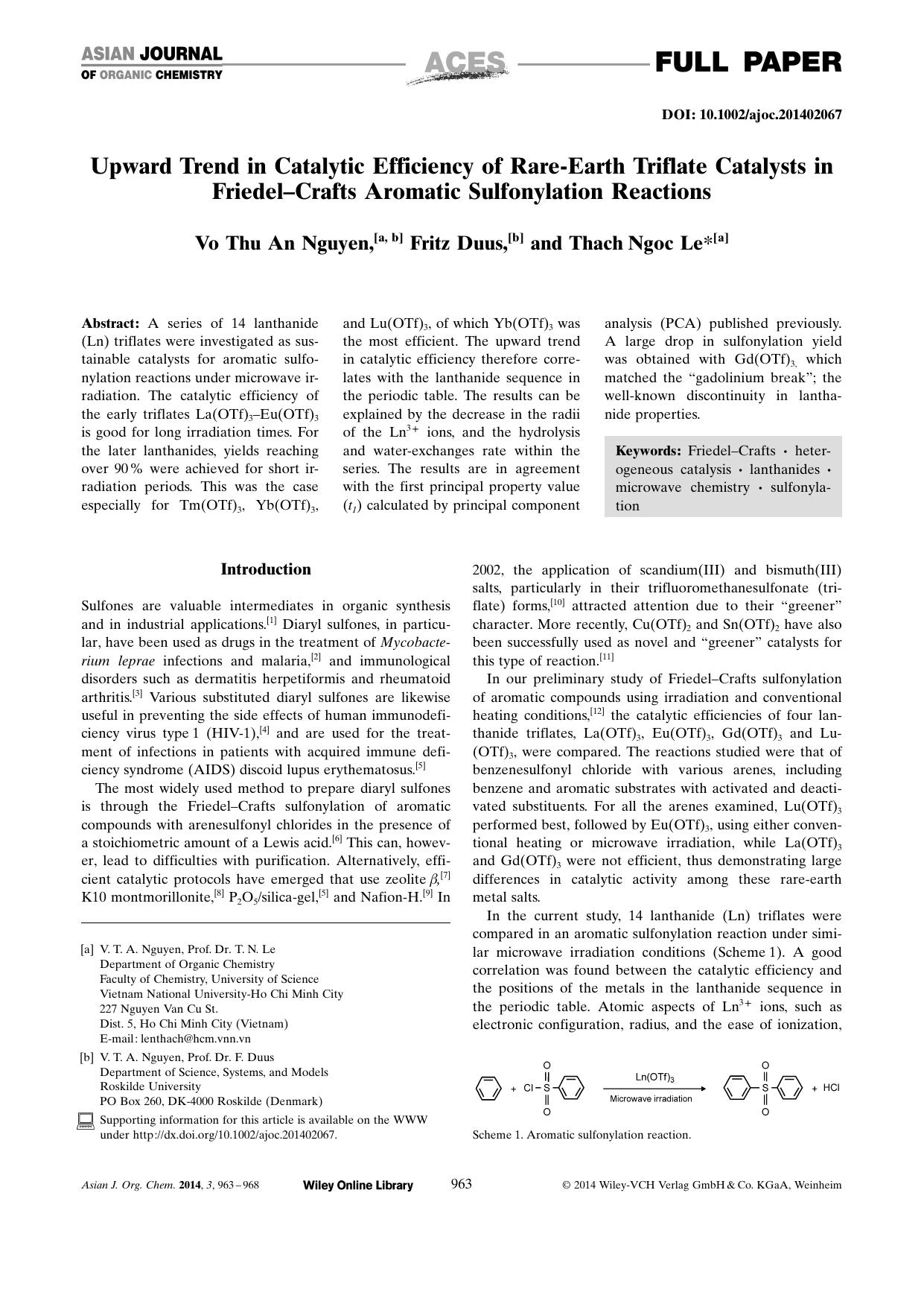 Upward Trend in Catalytic Efficiency of RareEarth Triflate Catalysts in FriedelCrafts Aromatic Sulfonylation Reactions by Unknown