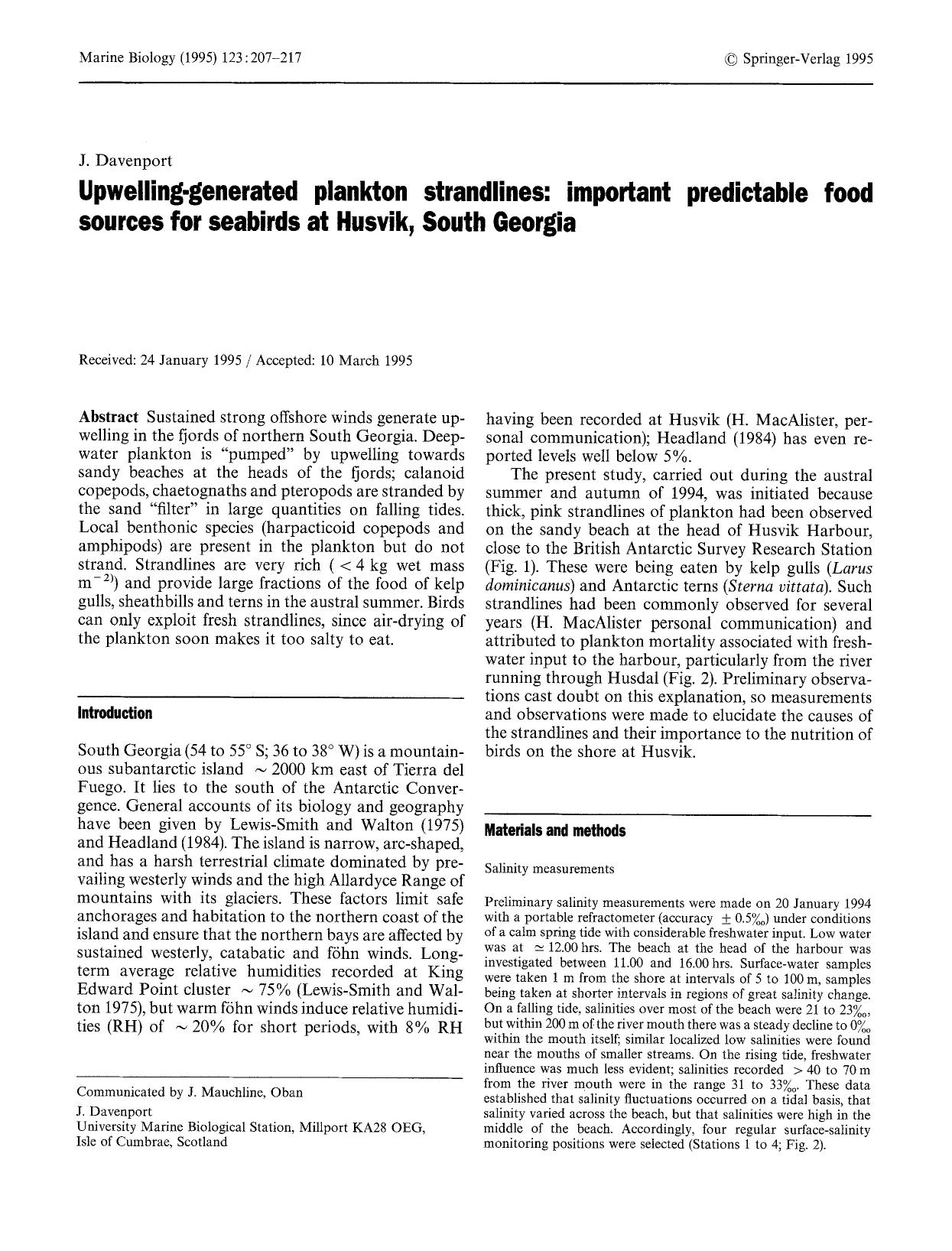 Upwelling-generated plankton strandlines: important predictable food sources for seabirds at Husvik, South Georgia by Unknown