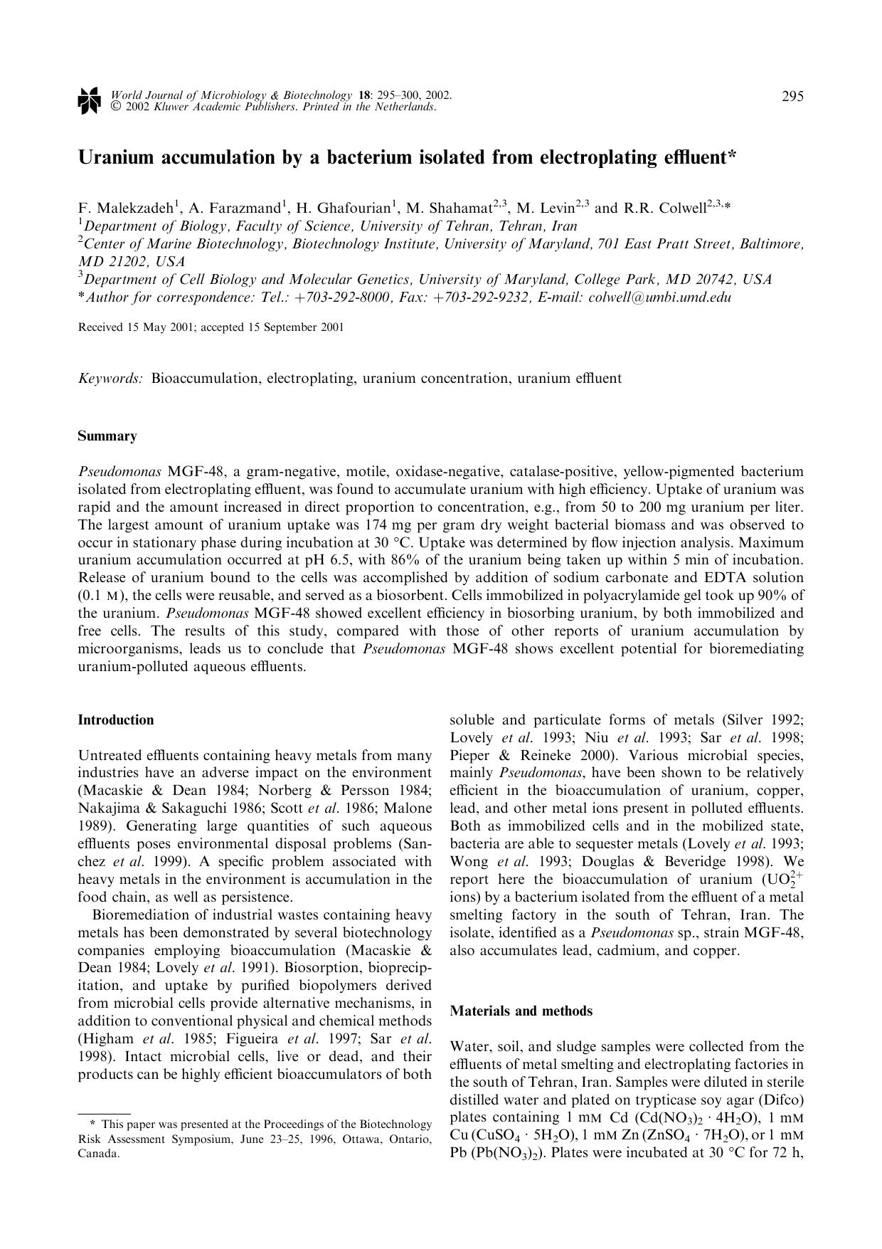 Uranium accumulation by a bacterium isolated from electroplating effluent by Unknown
