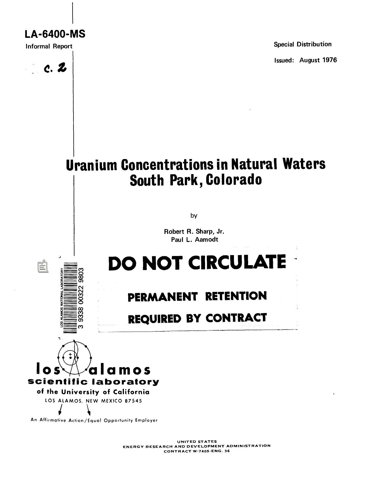 Uranium concentrations in natural waters South Park, Colorado LA-6400-MS by LANL Research Library LWW Project