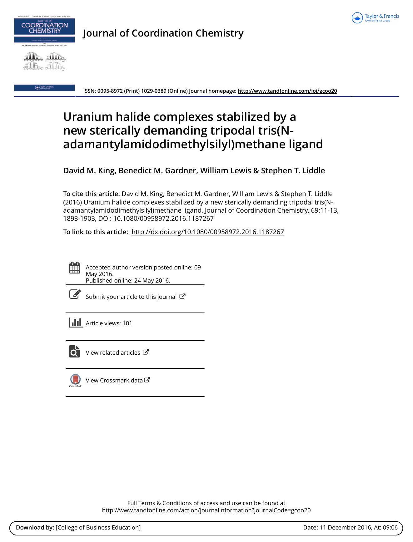Uranium halide complexes stabilized by a new sterically demanding tripodal tris(N-adamantylamidodimethylsilyl)methane ligand by David M. King & Benedict M. Gardner & William Lewis & Stephen T. Liddle