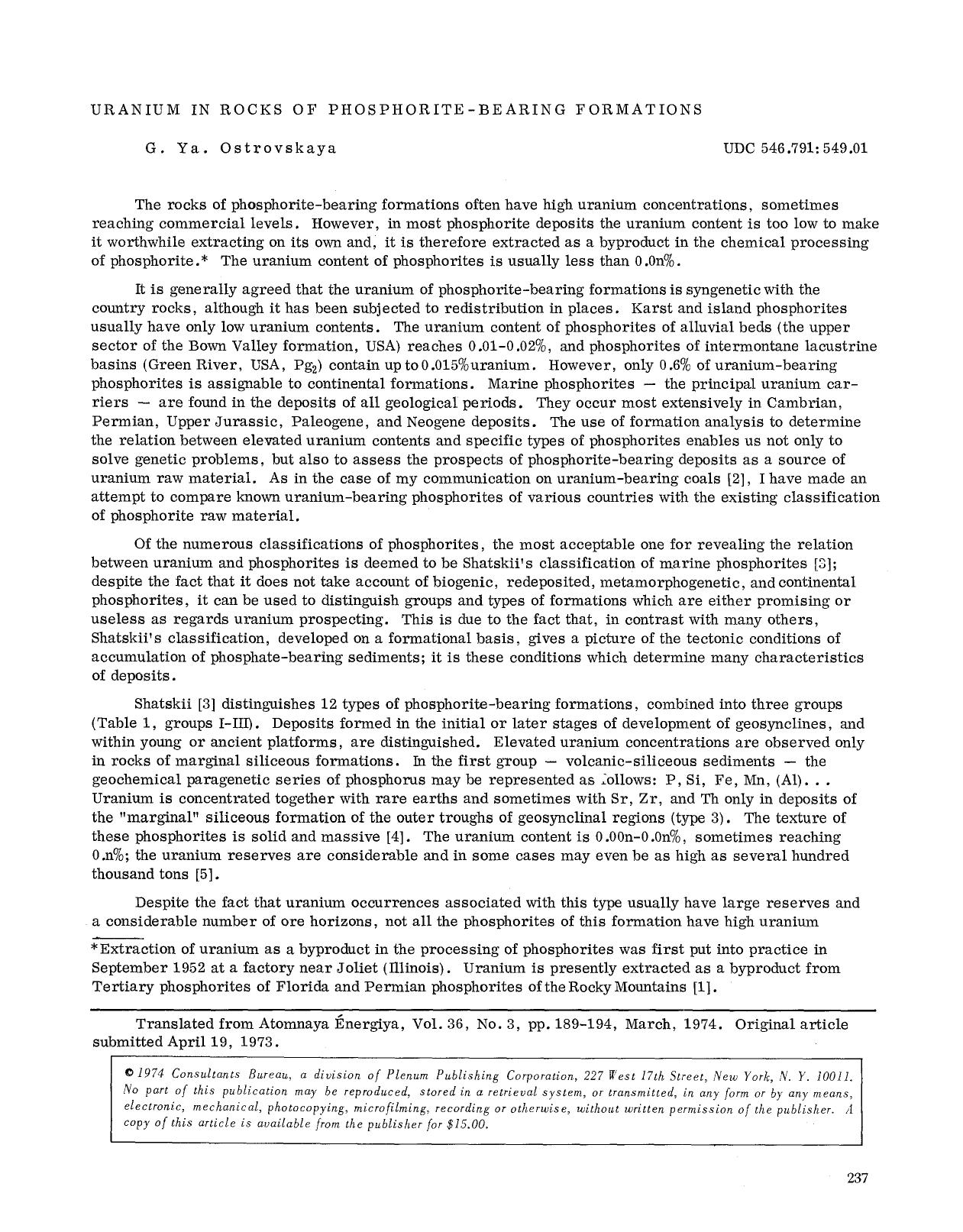 Uranium in rocks of phosphorite-bearing formations by Unknown