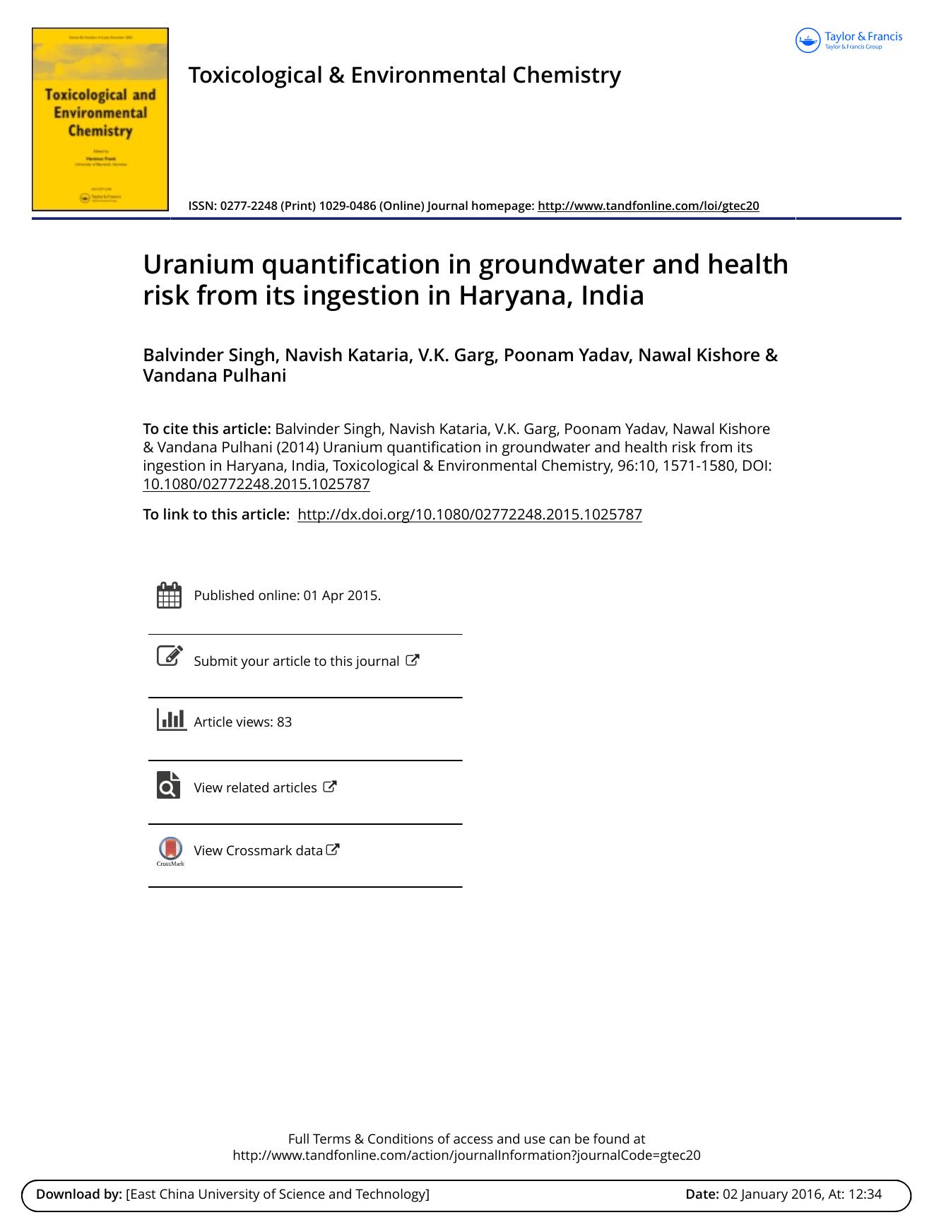Uranium quantification in groundwater and health risk from its ingestion in Haryana, India by Balvinder Singh