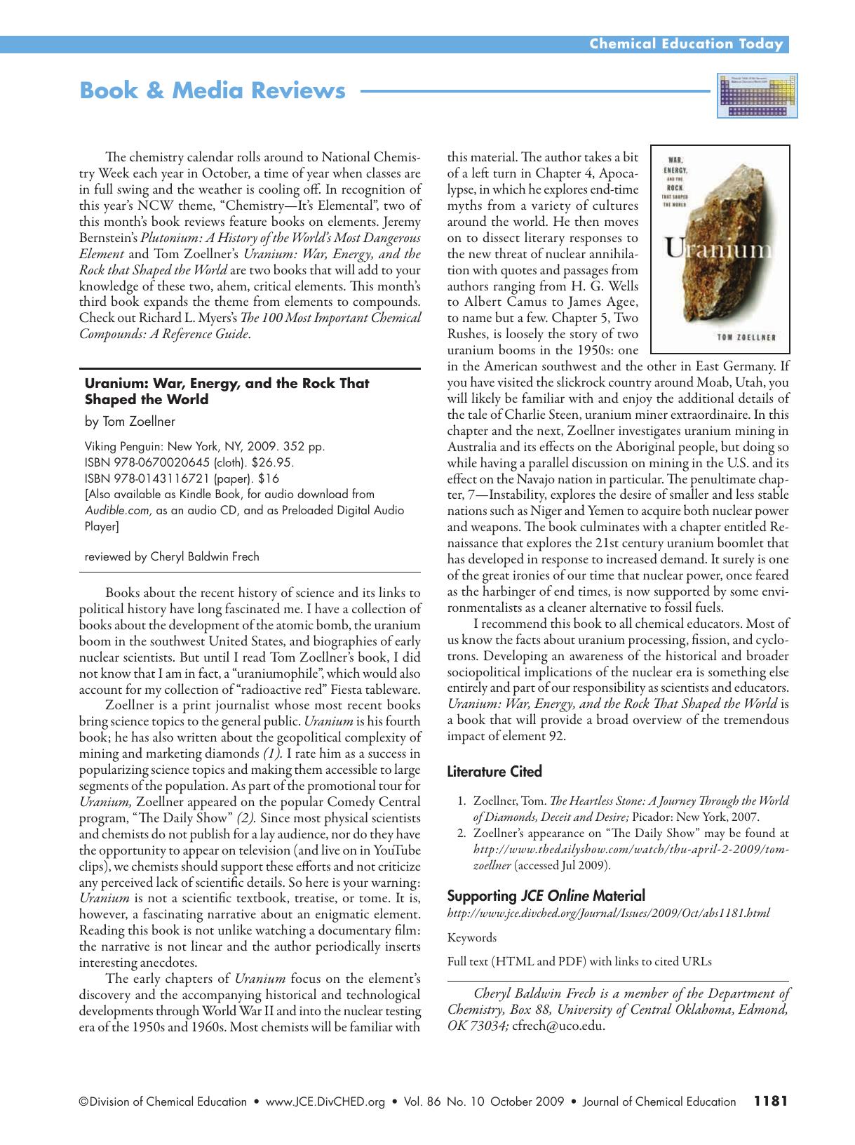 Uranium: War, Energy, and the Rock That Shaped the World (by Tom Zoellner) by Cheryl Baldwin Frech