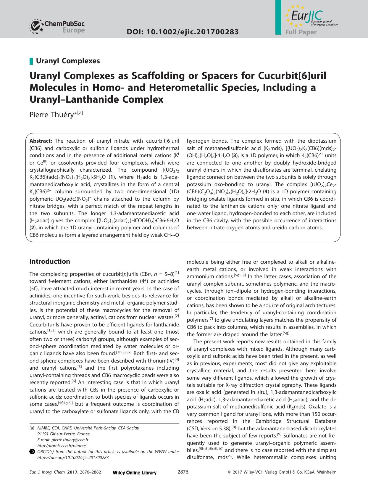 Uranyl Complexes as Scaffolding or Spacers for Cucurbit[6]uril Molecules in Homo‐ and Heterometallic Species, Including a Uranyl–Lanthanide Complex by Unknown