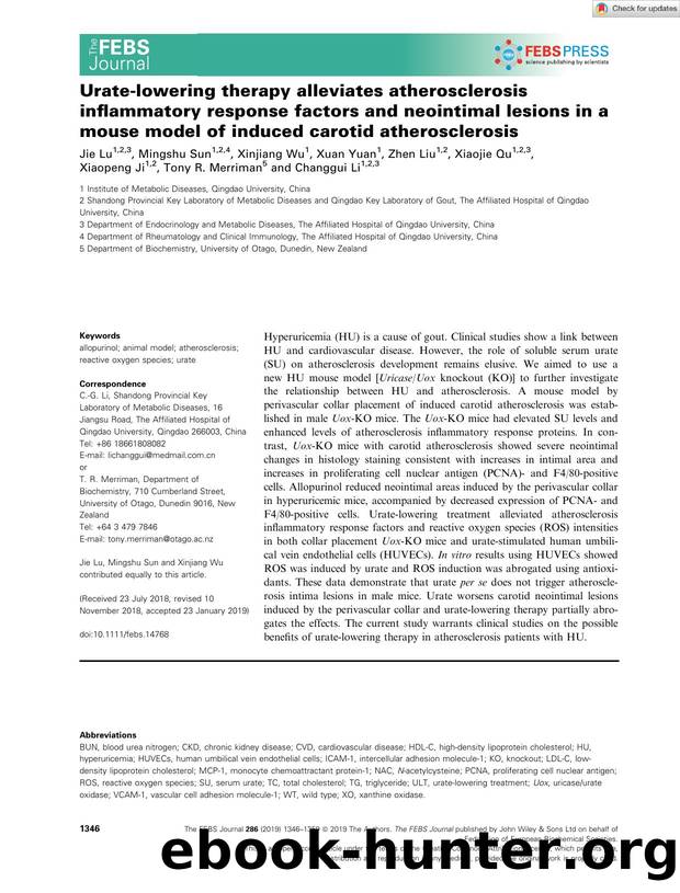Urateâlowering therapy alleviates atherosclerosis inflammatory response factors and neointimal lesions in a mouse model of induced carotid atherosclerosis by Unknown