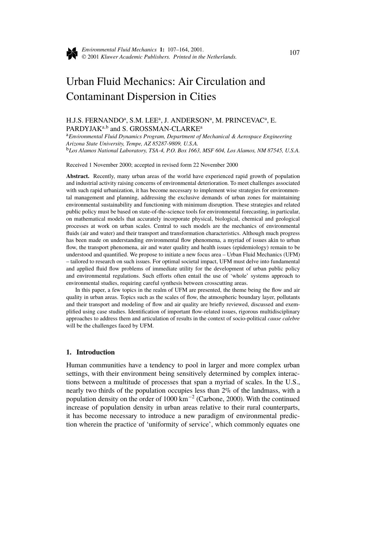Urban Fluid Mechanics: Air Circulation and Contaminant Dispersion in Cities by Unknown