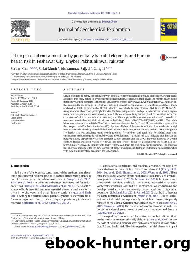 Urban park soil contamination by potentially harmful elements and human health risk in Peshawar City, Khyber Pakhtunkhwa, Pakistan by Sardar Khan & Sadaf Munir & Muhammad Sajjad & Gang Li