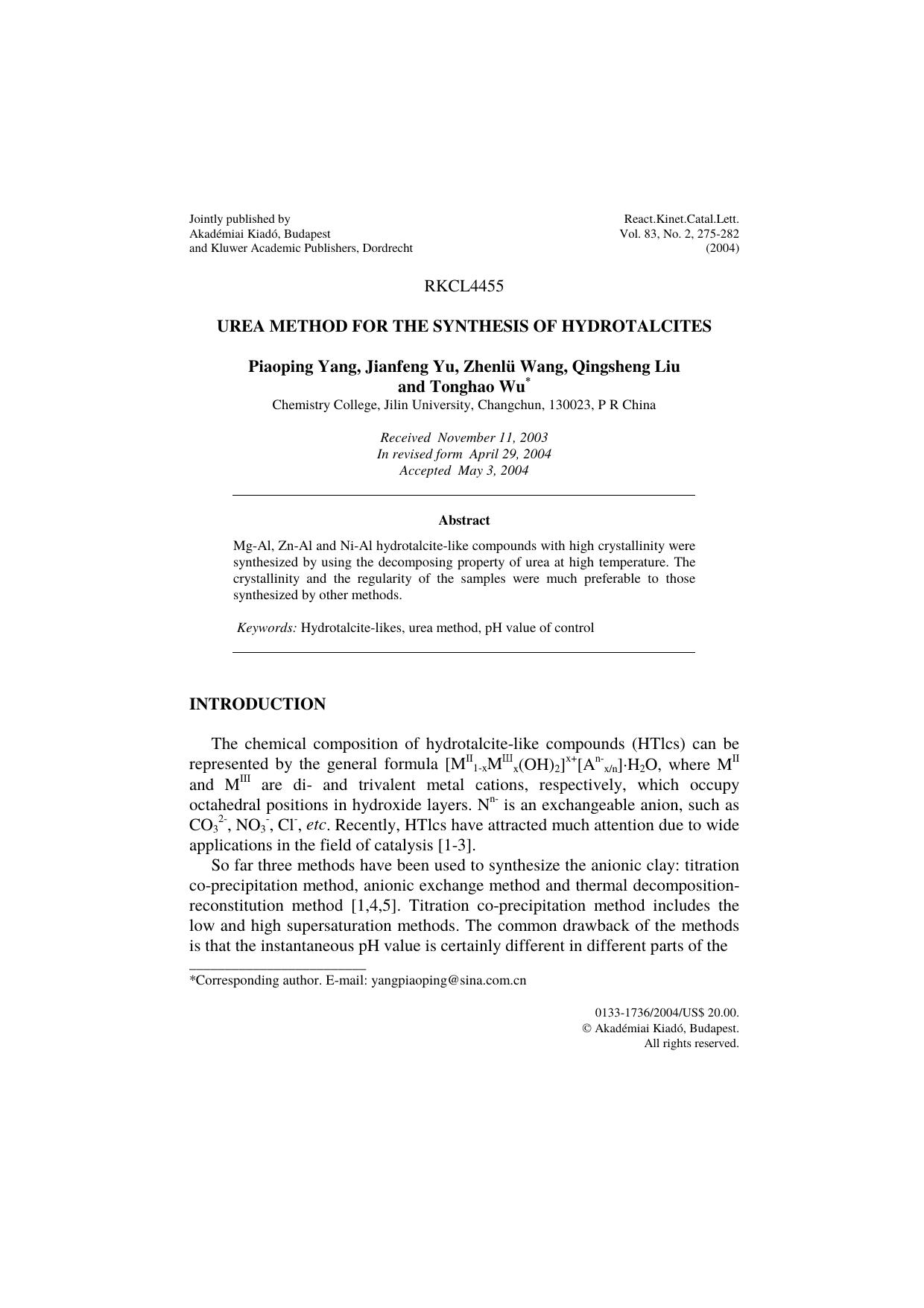 Urea method for the synthesis of hydrotalcites by Unknown