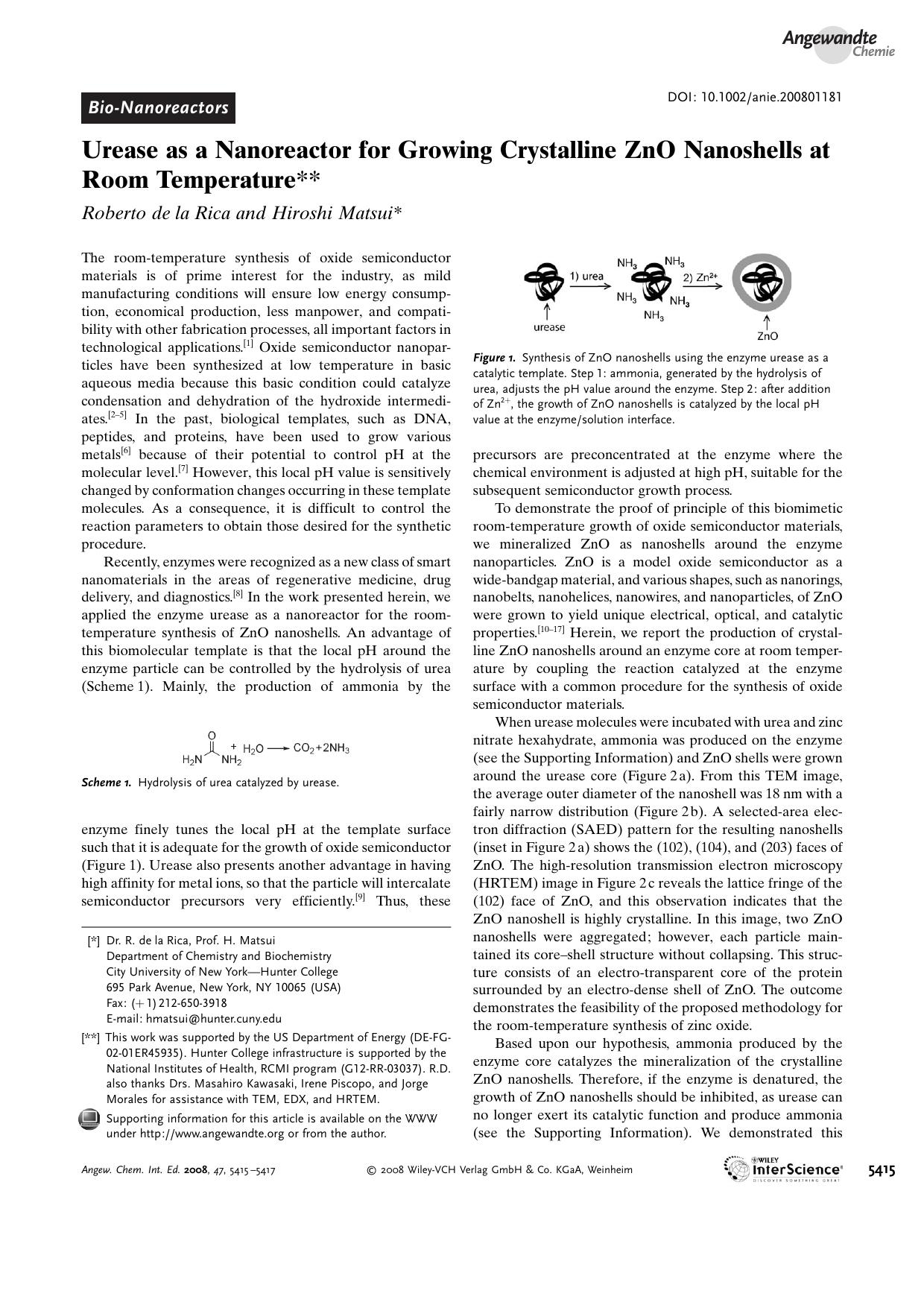 Urease as a Nanoreactor for Growing Crystalline ZnO Nanoshells at Room Temperature by Unknown