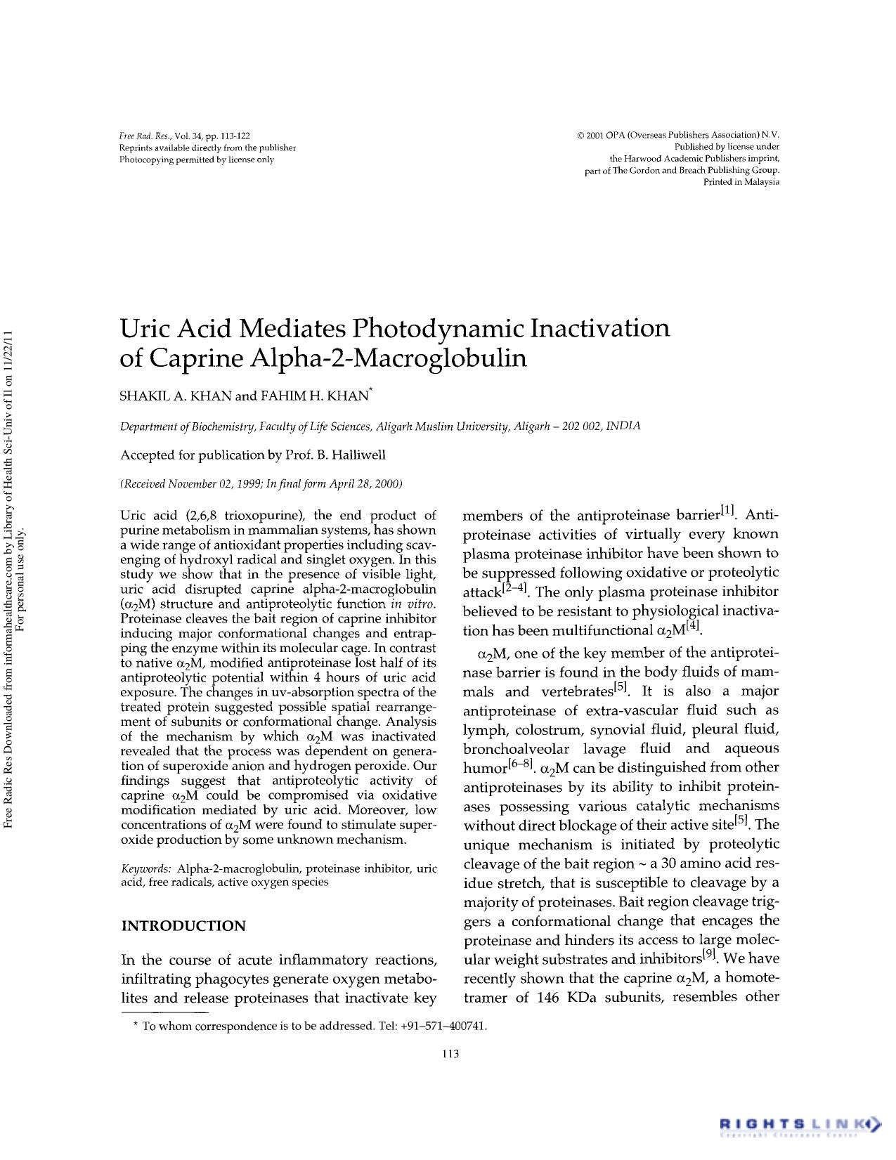 Uric acid mediates photodynamic inactivation of caprine alpha-2-macroglobulin by Shakil A. Khan & Fahim H. Khan
