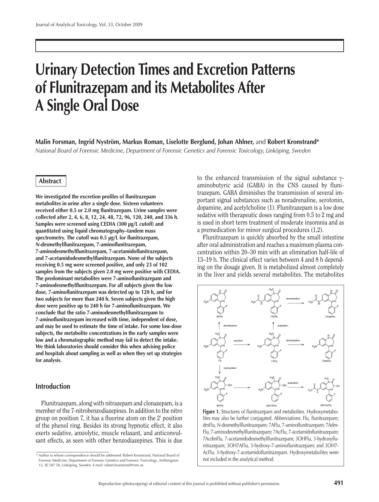 Urinary Detection Times and Excretion Patterns of Flunitrazepam by Robert Kronstrand