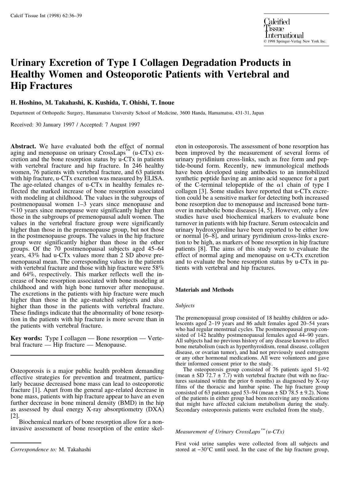 Urinary Excretion of Type I Collagen Degradation Products in Healthy Women and Osteoporotic Patients with Vertebral and Hip Fractures by Hoshino H. et al