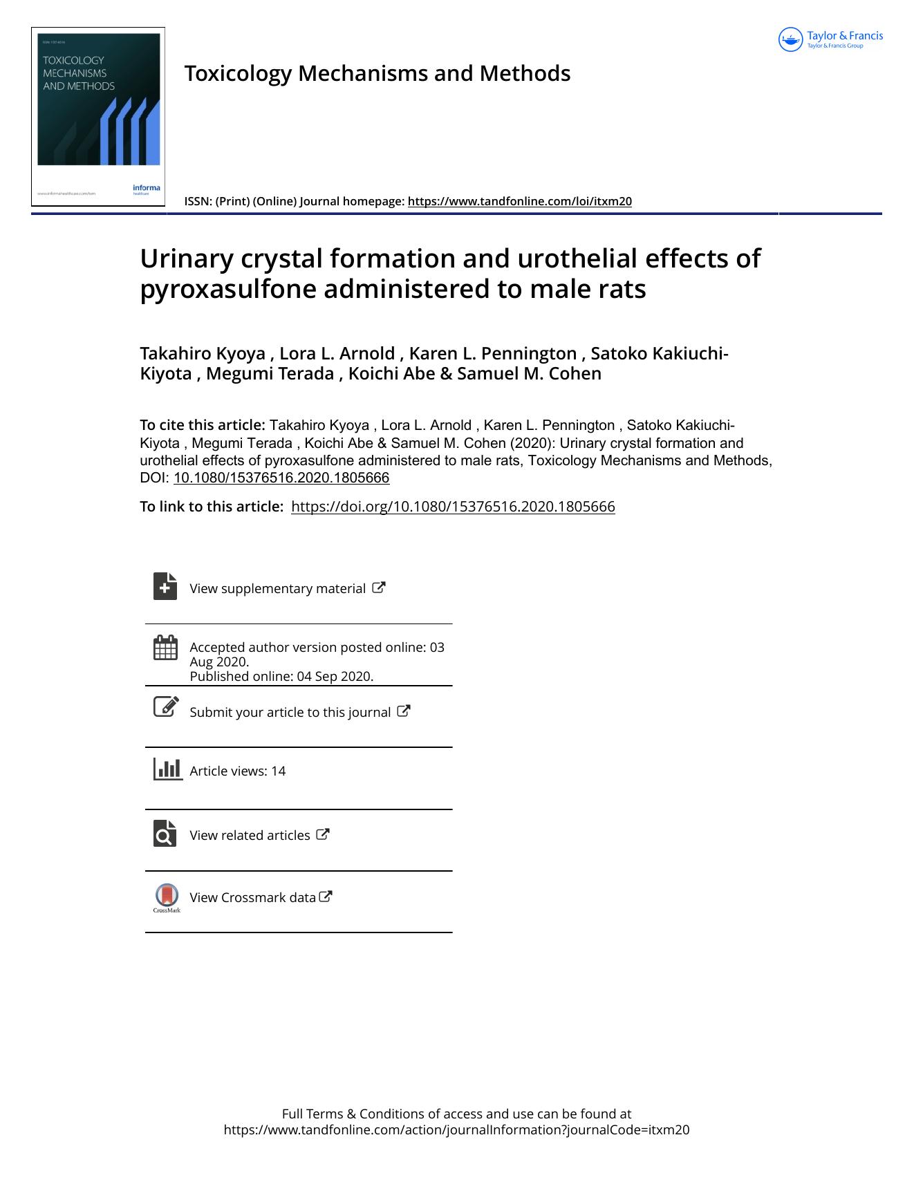Urinary crystal formation and urothelial effects of pyroxasulfone administered to male rats by unknow