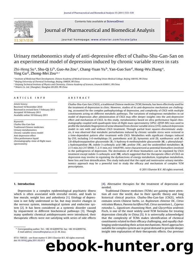Urinary metabonomics study of anti-depressive effect of Chaihu-Shu-Gan-San on an experimental model of depression induced by chronic variable stress in rats by Zhi-Heng Su