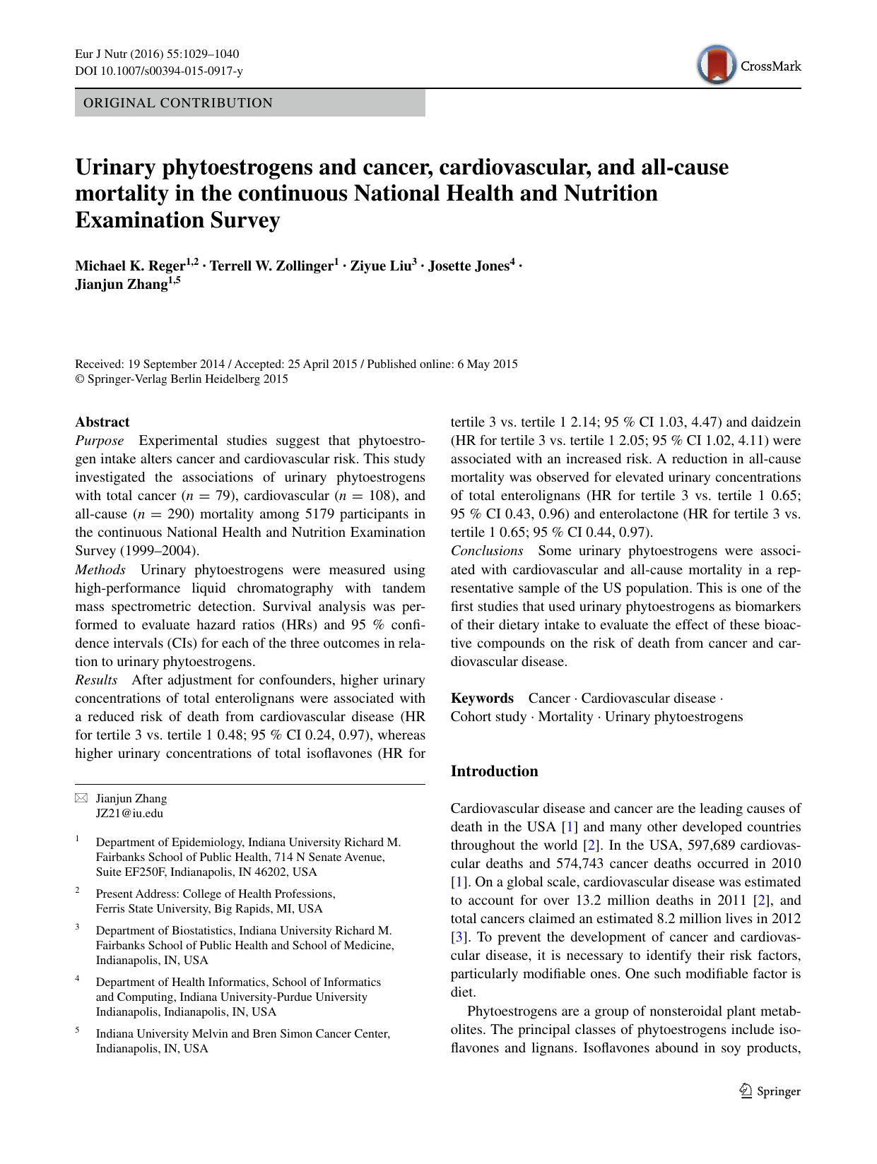 Urinary phytoestrogens and cancer, cardiovascular, and all-cause mortality in the continuous National Health and Nutrition Examination Survey by Michael K. Reger & Terrell W. Zollinger & Ziyue Liu & Josette Jones & Jianjun Zhang
