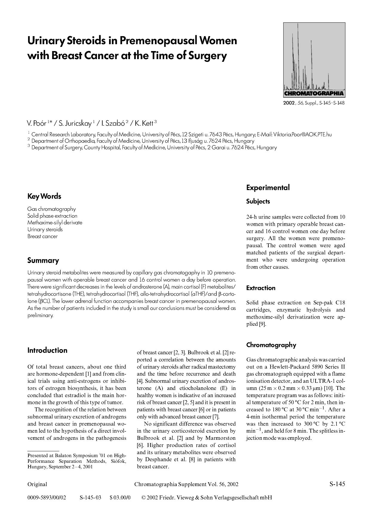 Urinary steroids in premenopausal women with breast cancer at the time of surgery by Unknown