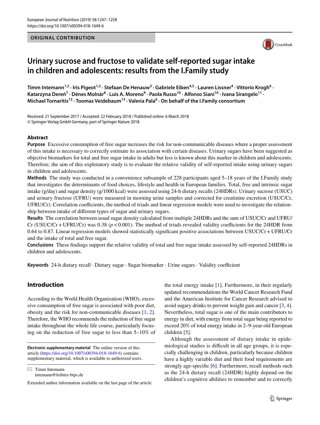 Urinary sucrose and fructose to validate self-reported sugar intake in children and adolescents: results from the I.Family study by Timm Intemann